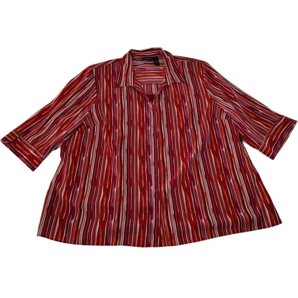 Maggie Barnes Red Orange Striped Button Up Blouse Short Sleeve Plus Sz 4X 30/32